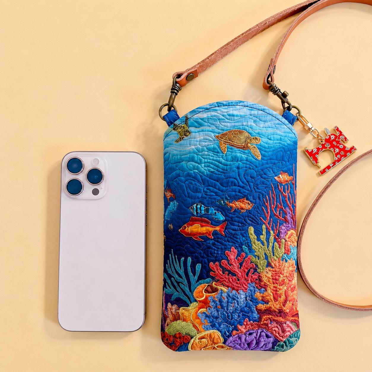 Coral Reef Ocean Turtle Fish Quilted Slim Phone Crossbody Bag CELD10
