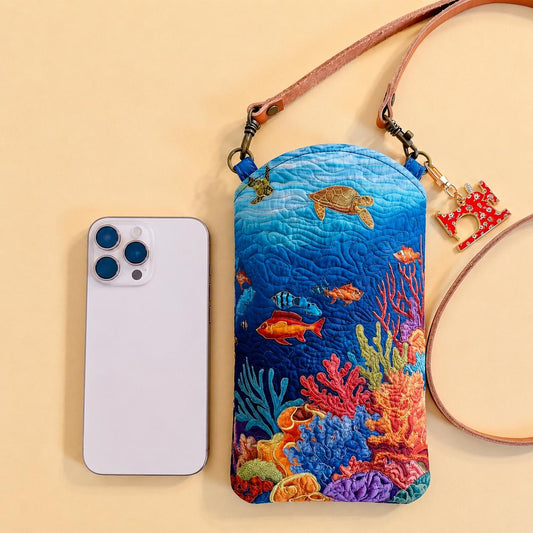Coral Reef Ocean Turtle Fish Quilted Slim Phone Crossbody Bag CELD10
