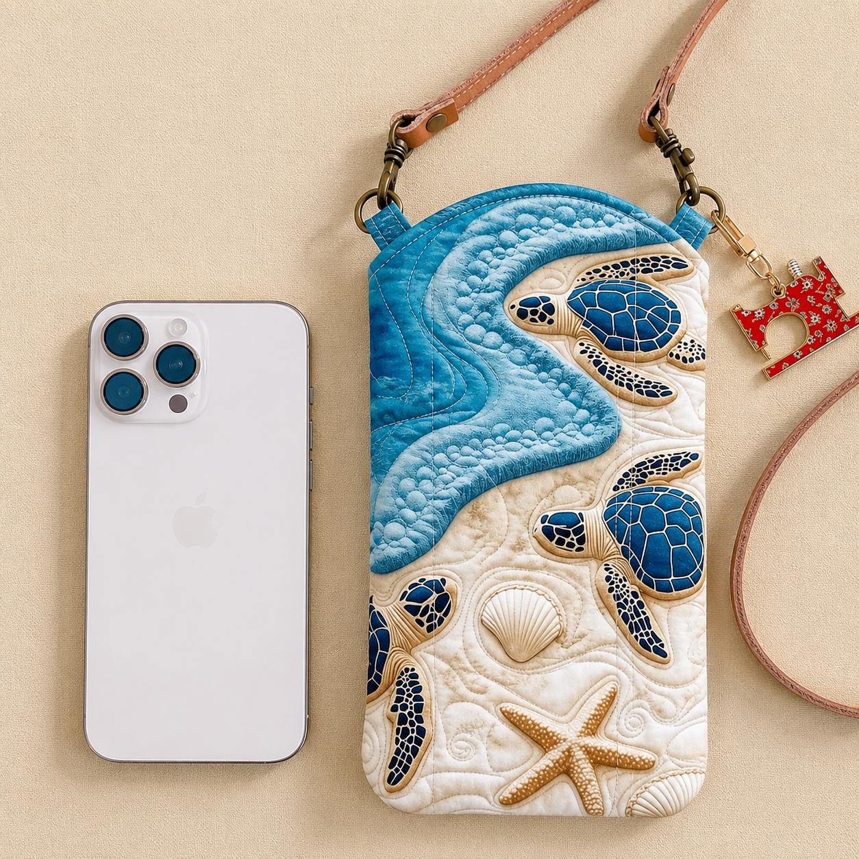 Coastal Sea Turtle Shell Starfish Quilted Slim Phone Crossbody Bag CELD11