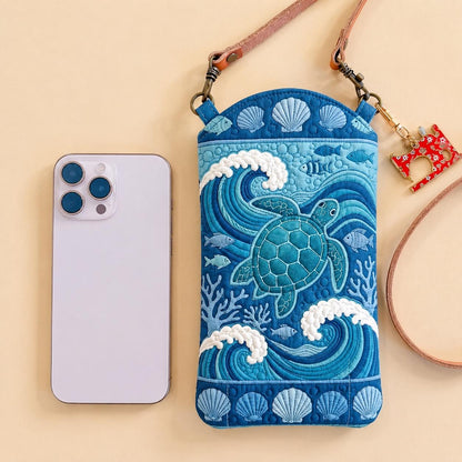 Wave Shell Sea Turtle Quilted Slim Phone Crossbody Bag CELD12