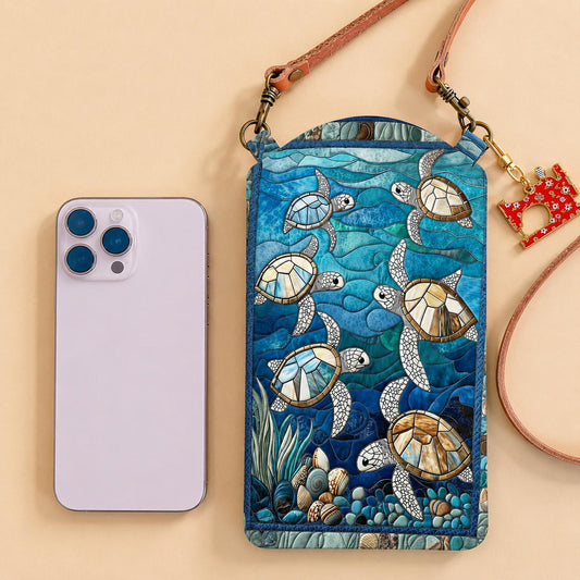 Stained Glass Sea Turtle Ocean Quilted Slim Phone Crossbody Bag CELD13