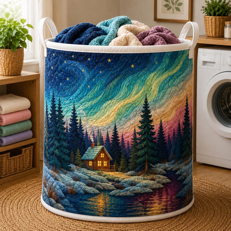 Cozy Cabin Forest Quilted Laundry Basket CELD02