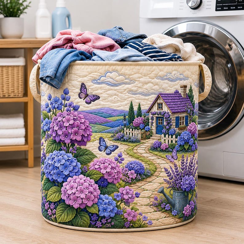 Hydrangea Cottage Quilted Laundry Basket CELD08