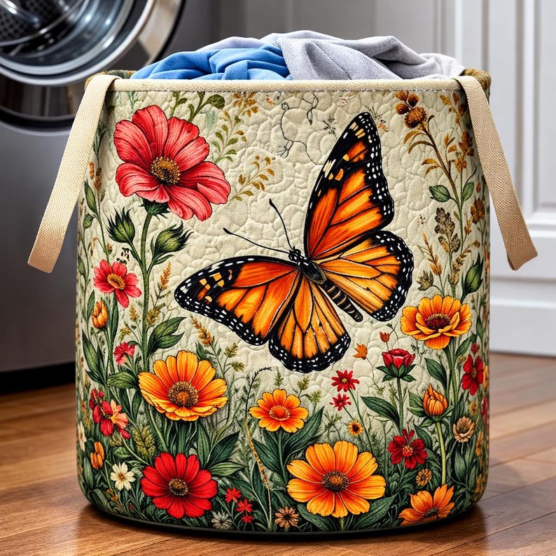 Butterfly Floral Quilted Laundry Basket CELD20