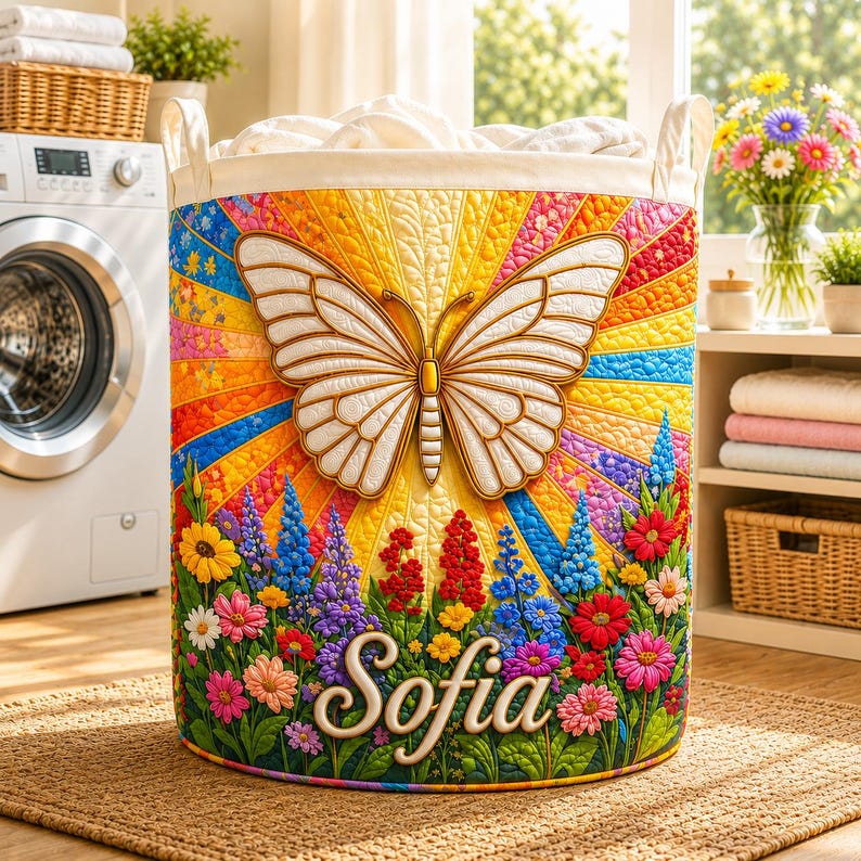 Personalized Butterfly Floral Quilted Laundry Basket CELD22