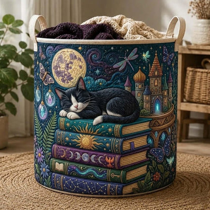 Cat on Books Quilted Laundry Basket CELD26