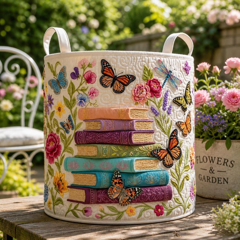 Butterflies Bookstack Quilted Laundry Basket CELD27