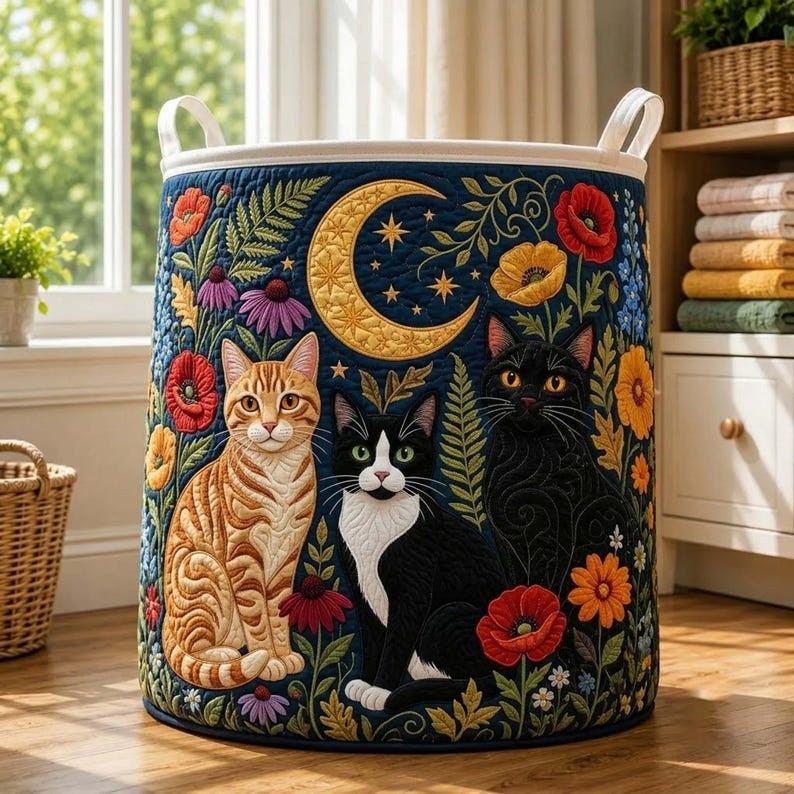 Floral Cat Quilted Laundry Basket CELD30