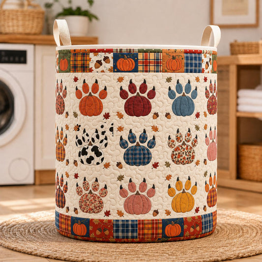 Fall Pumpkin Paw Print Quilted Laundry Basket CELD31