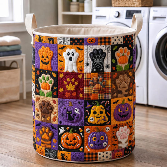 Pumpkin Ghost Cat Quilted Laundry Basket CELD34