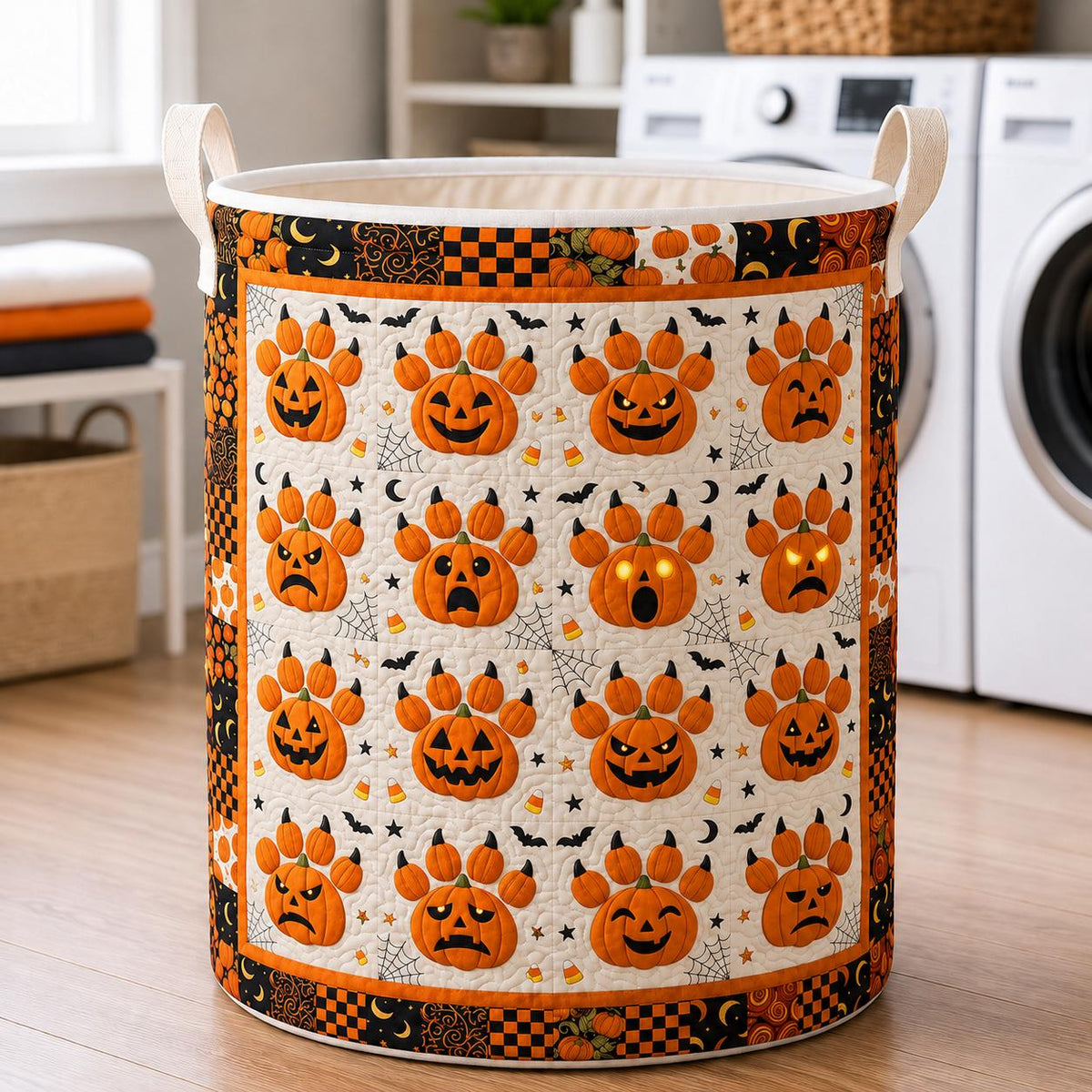 Halloween Pumpkin Paw Print Quilted Laundry Basket CELD37