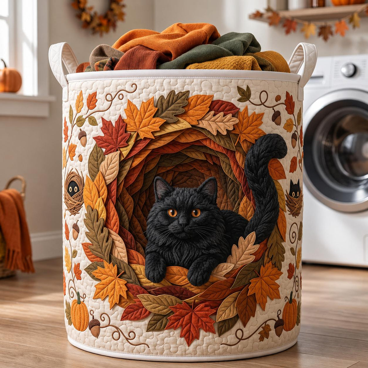 Cozy Autumn Black Cat Quilted Laundry Basket CELD39