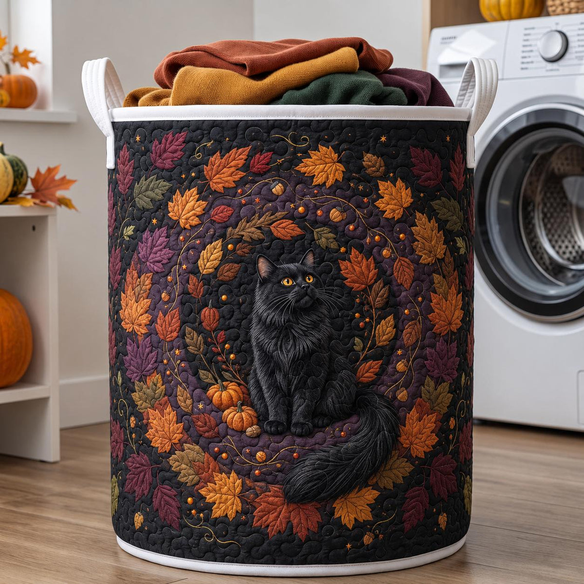 Black Cat Autumn Leaves Quilted Laundry Basket CELD40