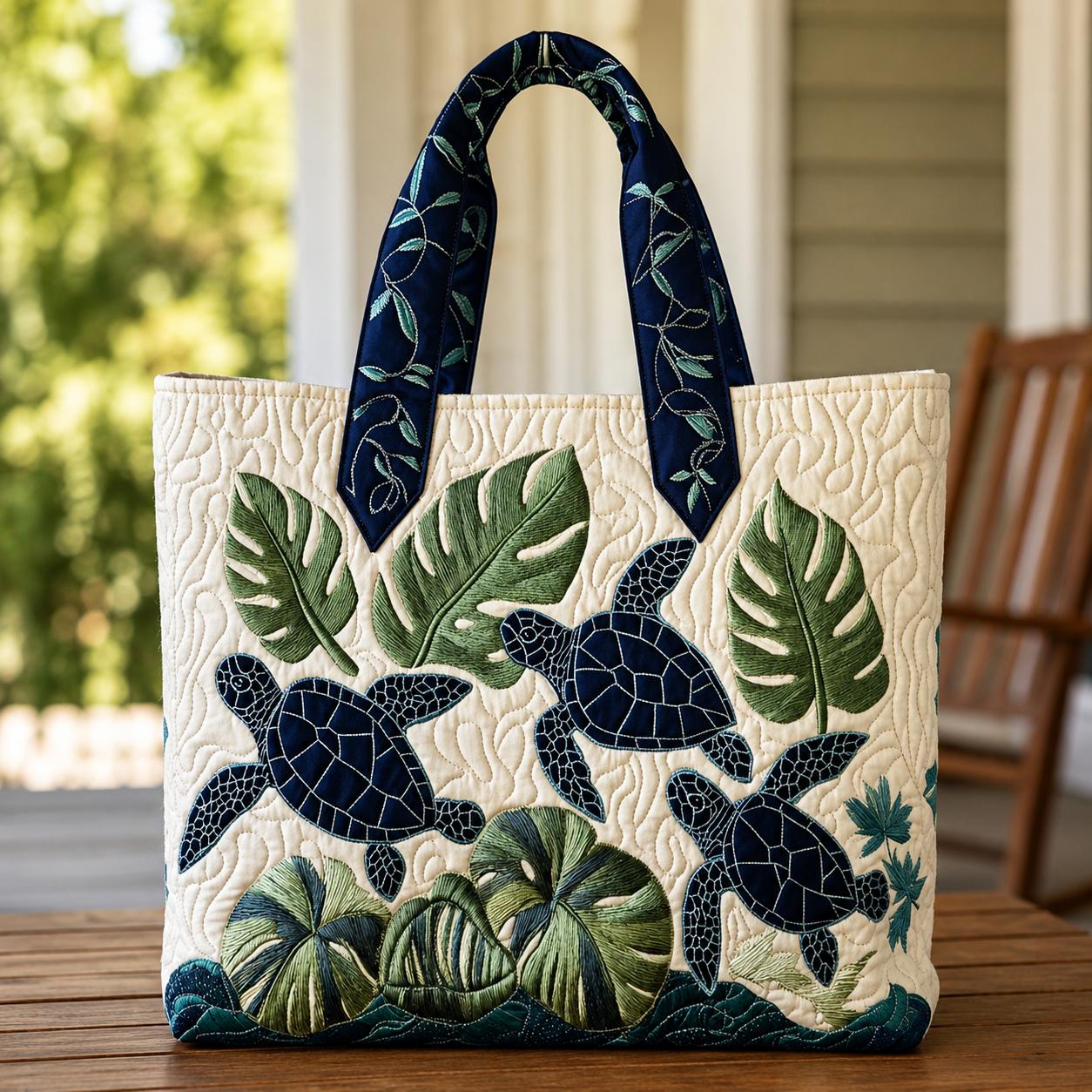 Hawaiian Honu & Monstera Leaf Quilted Tote Bag CELD07