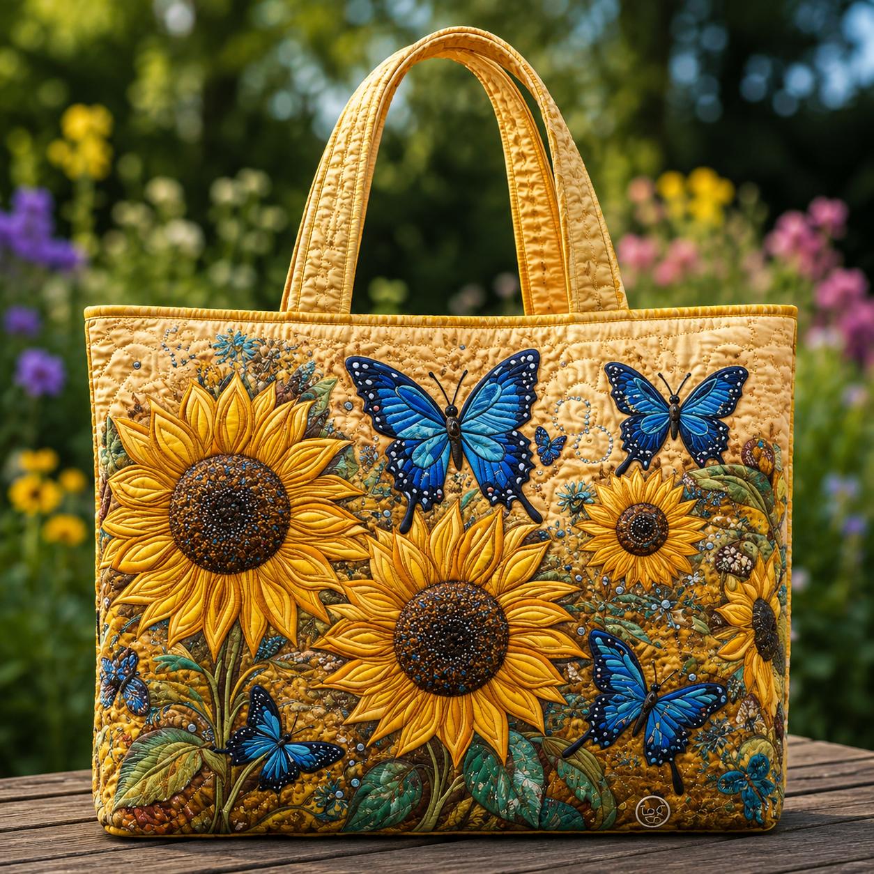 Sunflower and Blue Butterfly Quilted Tote Bag CELD12