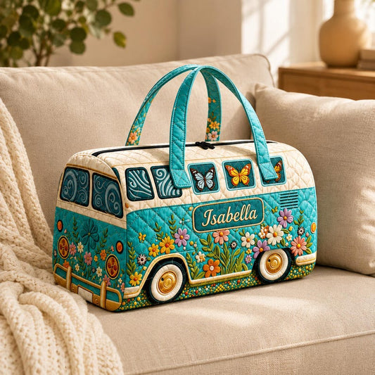 Floral Hippie Camper Personalized Quilted Duffle Bag CELD39