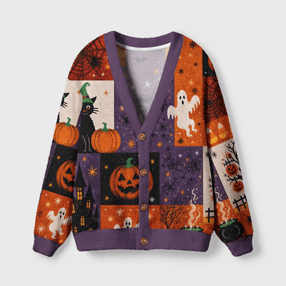 Halloween Pumpkin & Black Cat Women's Button Down Knitted Cardigan CELD02