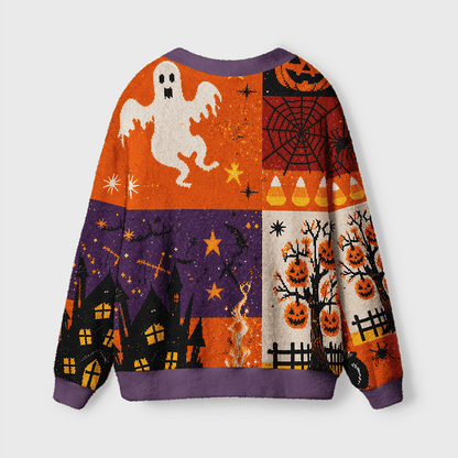 Halloween Pumpkin & Black Cat Women's Button Down Knitted Cardigan CELD02