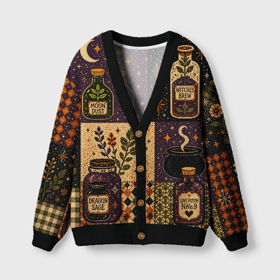 Vintage Witchy Magic Potion Bottles Patchwork Women's Button Down Knitted Cardigan CELD03