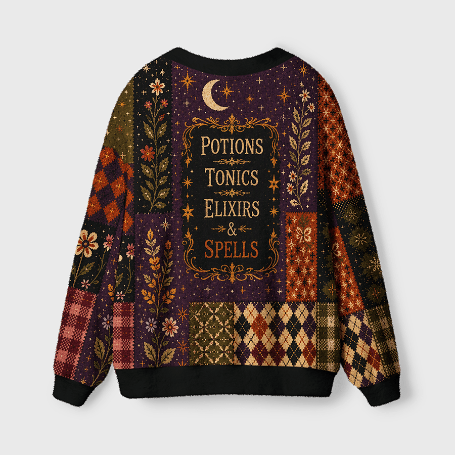 Vintage Witchy Magic Potion Bottles Patchwork Women's Button Down Knitted Cardigan CELD03