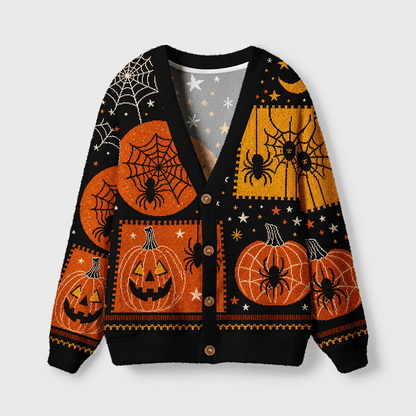 Halloween Pumpkin & Spider Web Women's Button Down Knitted Cardigan CELD04