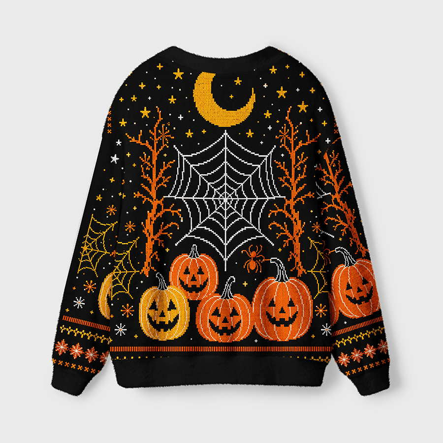 Halloween Pumpkin & Spider Web Women's Button Down Knitted Cardigan CELD04