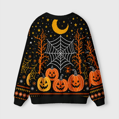 Halloween Pumpkin & Spider Web Women's Button Down Knitted Cardigan CELD04