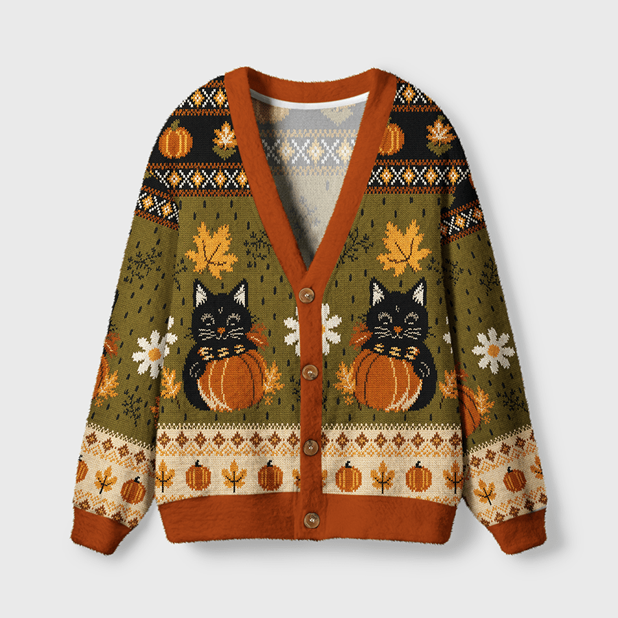 Cute Halloween Black Cat & Pumpkin Patterned Women's Button Down Knitted Cardigan CELD05