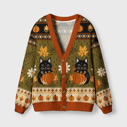 Cute Halloween Black Cat & Pumpkin Patterned Women's Button Down Knitted Cardigan CELD05