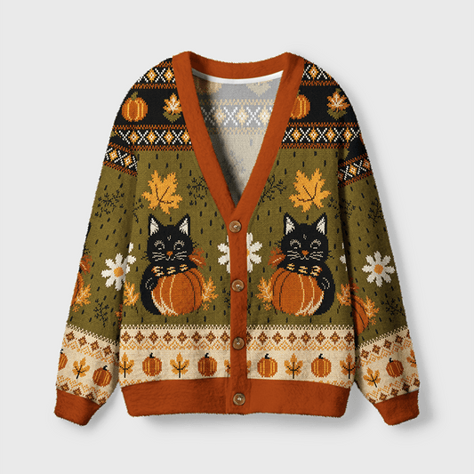 Cute Halloween Black Cat & Pumpkin Patterned Women's Button Down Knitted Cardigan CELD05