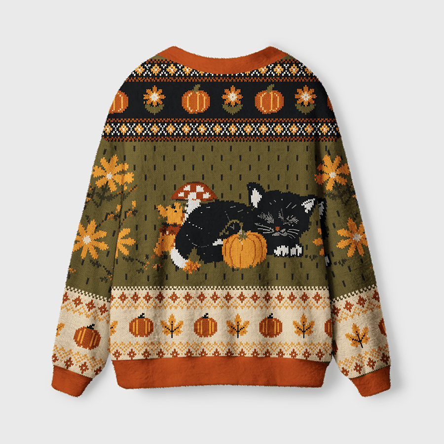 Cute Halloween Black Cat & Pumpkin Patterned Women's Button Down Knitted Cardigan CELD05