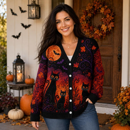 Full Moon & Bat Autumn Women's Button Down Knitted Cardigan CELD07
