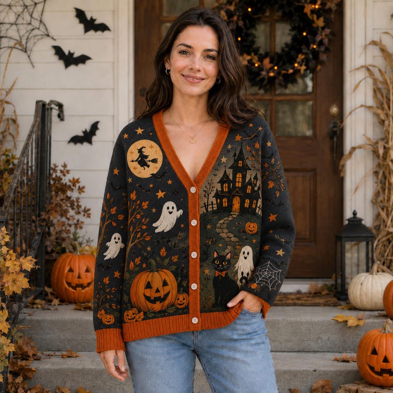 Pumpkin Ghost Bat Black Cat Women's Button Down Knitted Cardigan CELD08