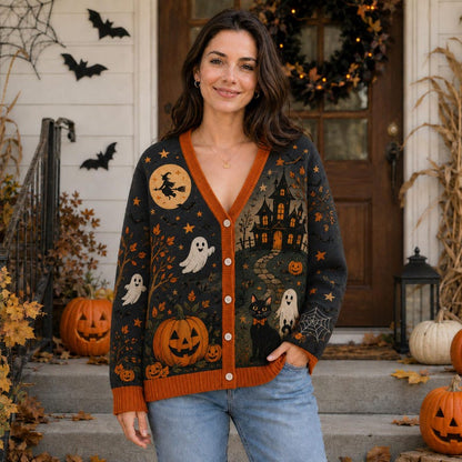Pumpkin Ghost Bat Black Cat Women's Button Down Knitted Cardigan CELD08