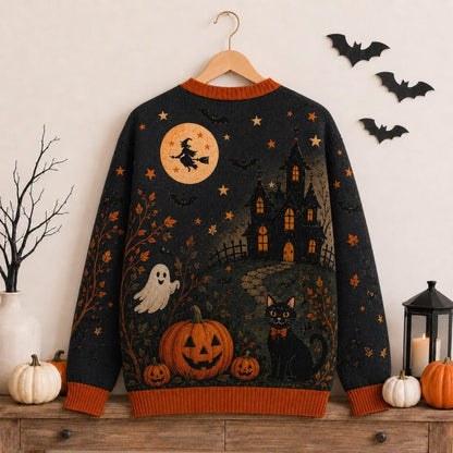 Pumpkin Ghost Bat Black Cat Women's Button Down Knitted Cardigan CELD08
