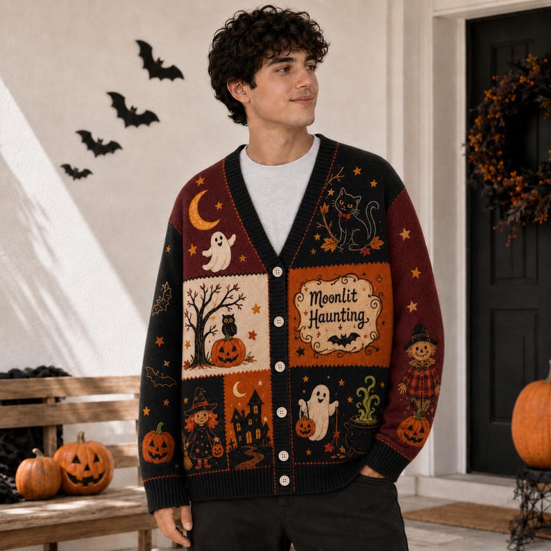 Pumpkin Ghost Bat Witch Women's Button Down Knitted Cardigan CELD09
