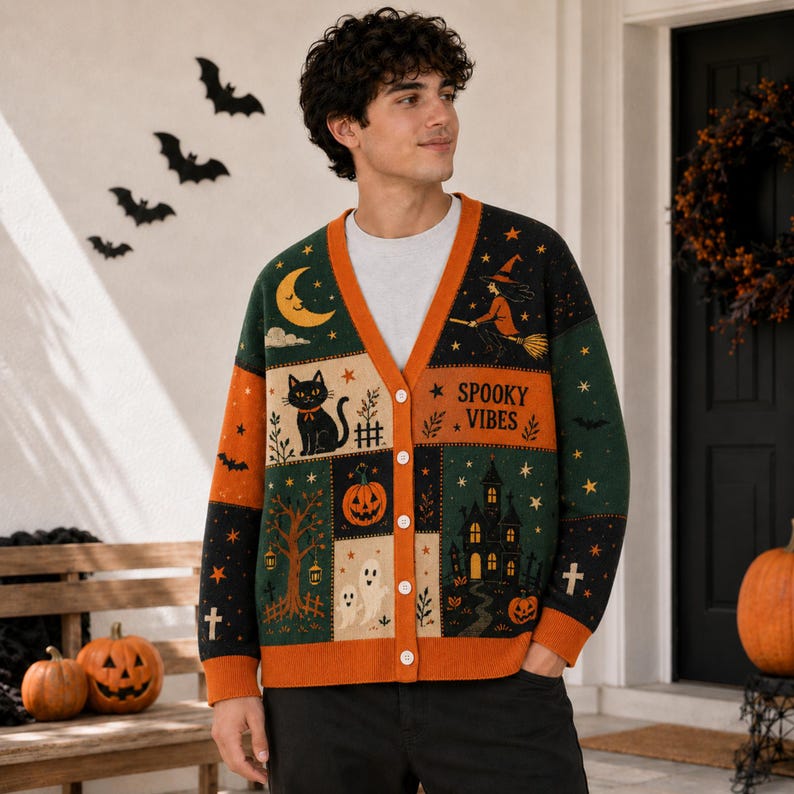 Vintage Pumpkin Witch Black Cat Patchwork Women's Button Down Knitted Cardigan CELD10