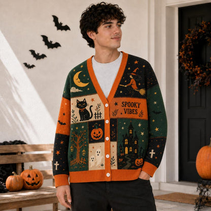 Vintage Pumpkin Witch Black Cat Patchwork Women's Button Down Knitted Cardigan CELD10
