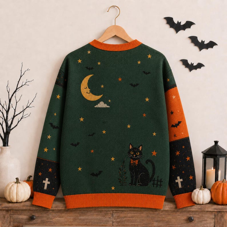 Vintage Pumpkin Witch Black Cat Patchwork Women's Button Down Knitted Cardigan CELD10