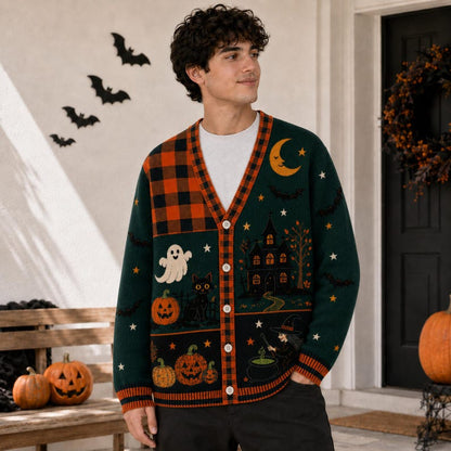 Spooky Haunted House Ghost Pumpkin Women's Button Down Knitted Cardigan CELD11