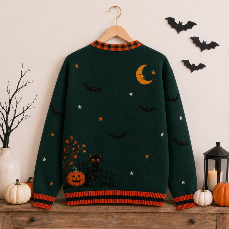 Spooky Haunted House Ghost Pumpkin Women's Button Down Knitted Cardigan CELD11