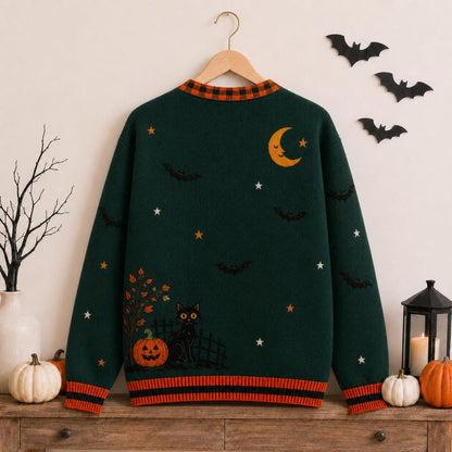 Spooky Haunted House Ghost Pumpkin Women's Button Down Knitted Cardigan CELD11