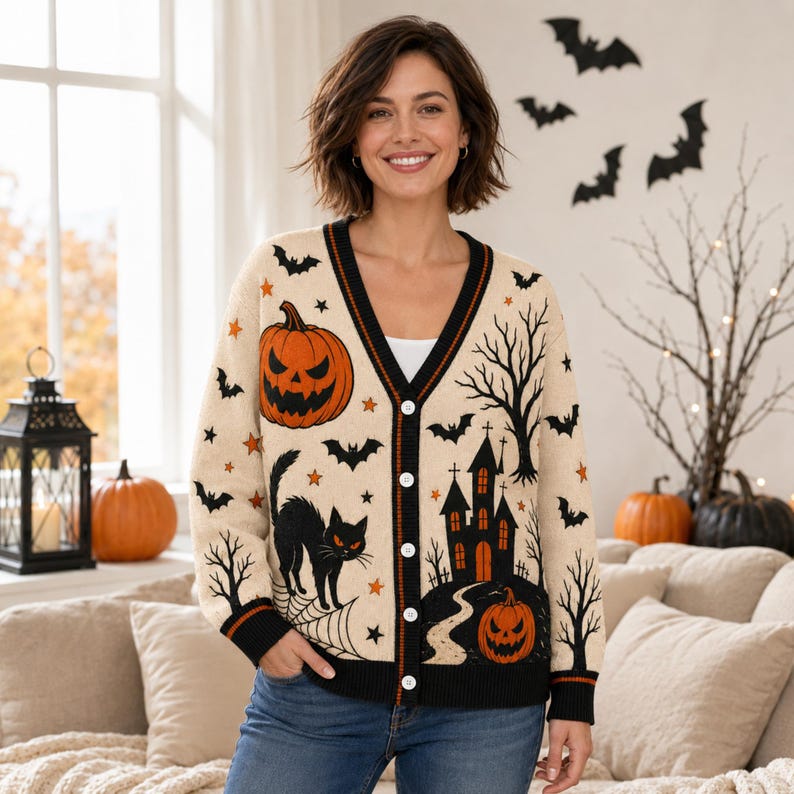Spooky Pumpkin & Black Cat Women's Button Down Knitted Cardigan CELD12