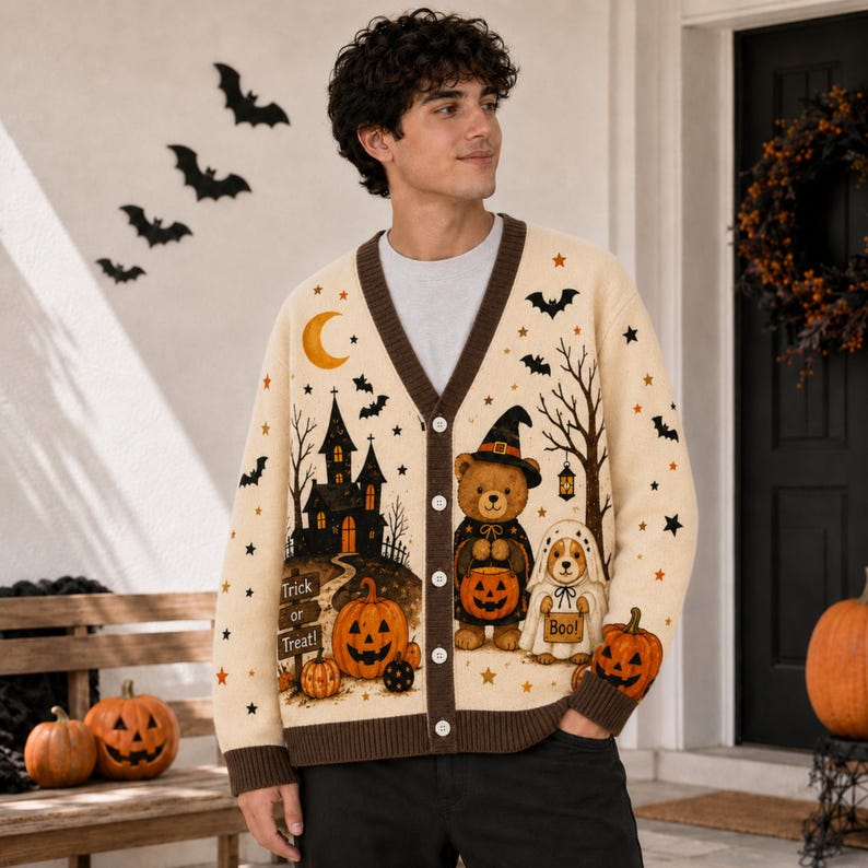 Cute Halloween Bear & Dog Women's Button Down Knitted Cardigan CELD13