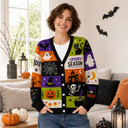Cute Pumpkin Ghost Skeleton Women's Button Down Knitted Cardigan CELD14