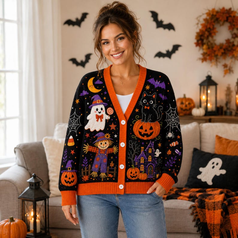 Cute Spooky Ghost Black Cat Pumpkin Women's Button Down Knitted Cardigan CELD15
