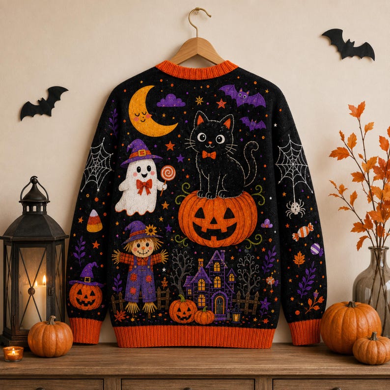 Cute Spooky Ghost Black Cat Pumpkin Women's Button Down Knitted Cardigan CELD15