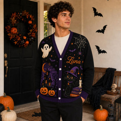 Black Cat & Ghost Spooky Personalized Women's Button Down Knitted Cardigan CELD16