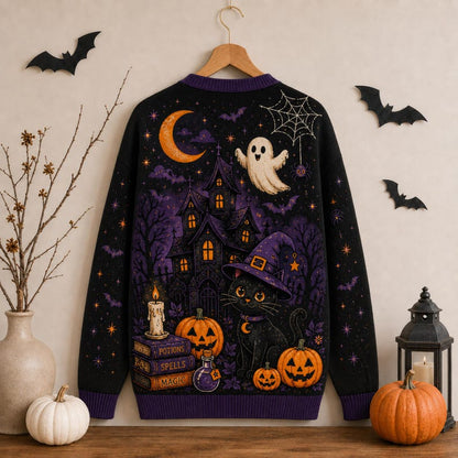 Black Cat & Ghost Spooky Personalized Women's Button Down Knitted Cardigan CELD16