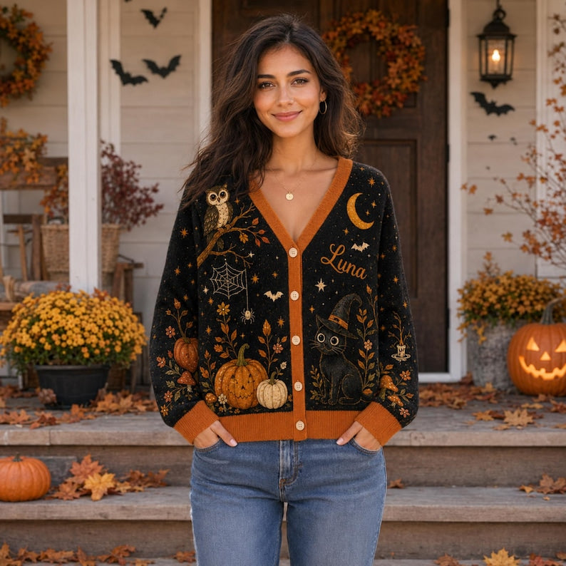 Spooky Season Pumpkin Black Cat Personalized Women's Button Down Knitted Cardigan CELD17